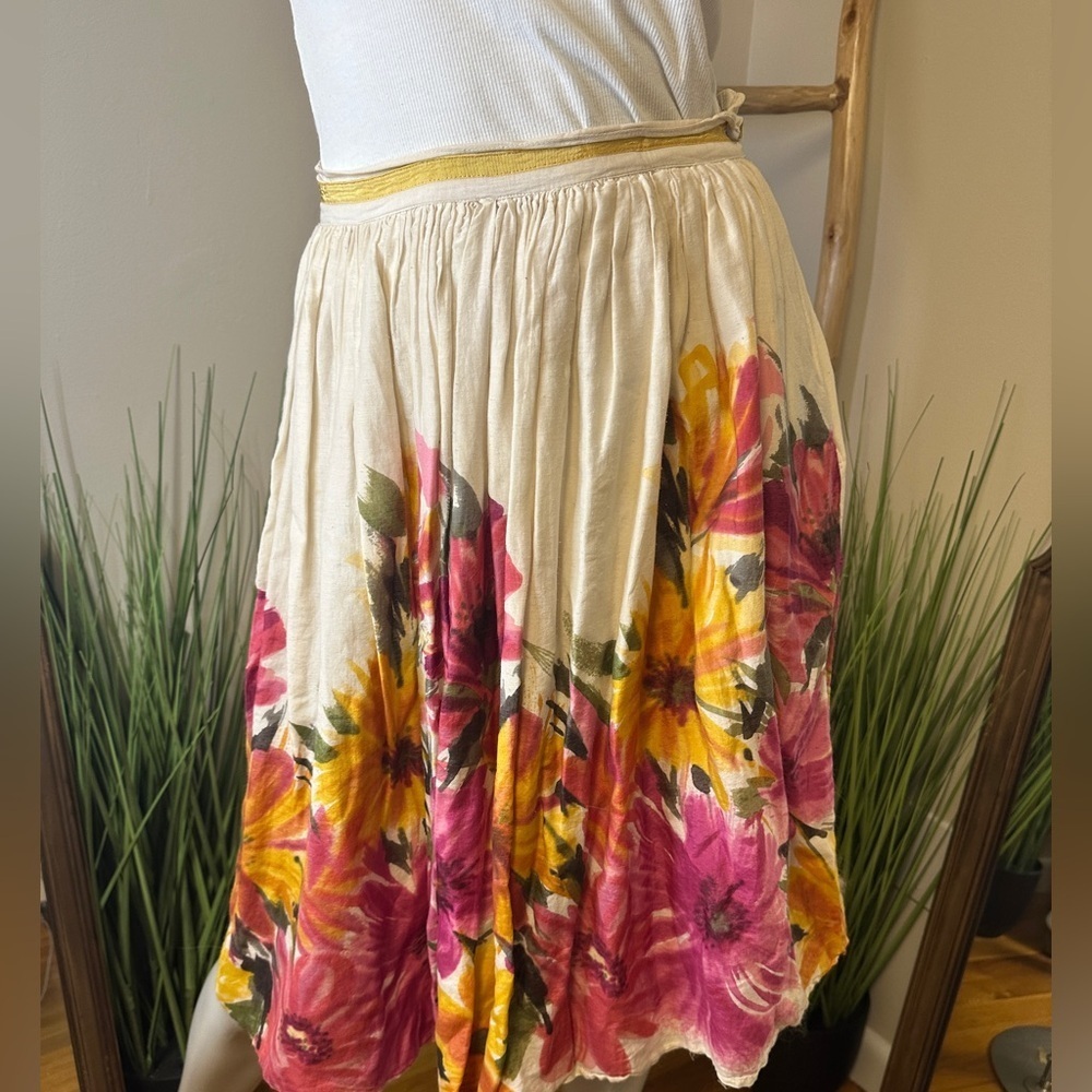 Papillon LA Swing Skirt Cream With Floral Print Cotton Silk Small